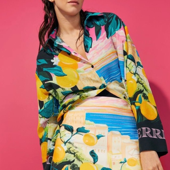 H&M Printed Scene Mini Skirt Asymmetrical Wavy Hem Lyocell Blend Cut-Out Skirt - Picture 7 of 14